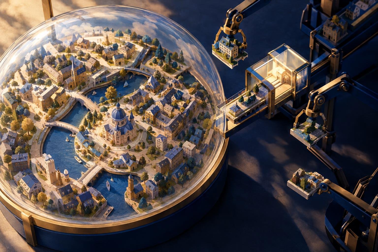 Illustration of a miniature paper city isolated beneath a glass dome while selected pieces pass through a narrow controlled chamber.