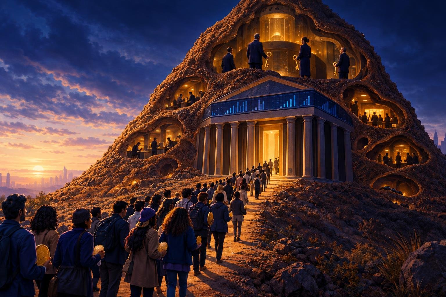 Illustration of people bringing coins to a large anthill-like exchange while a few keyholders control access inside.