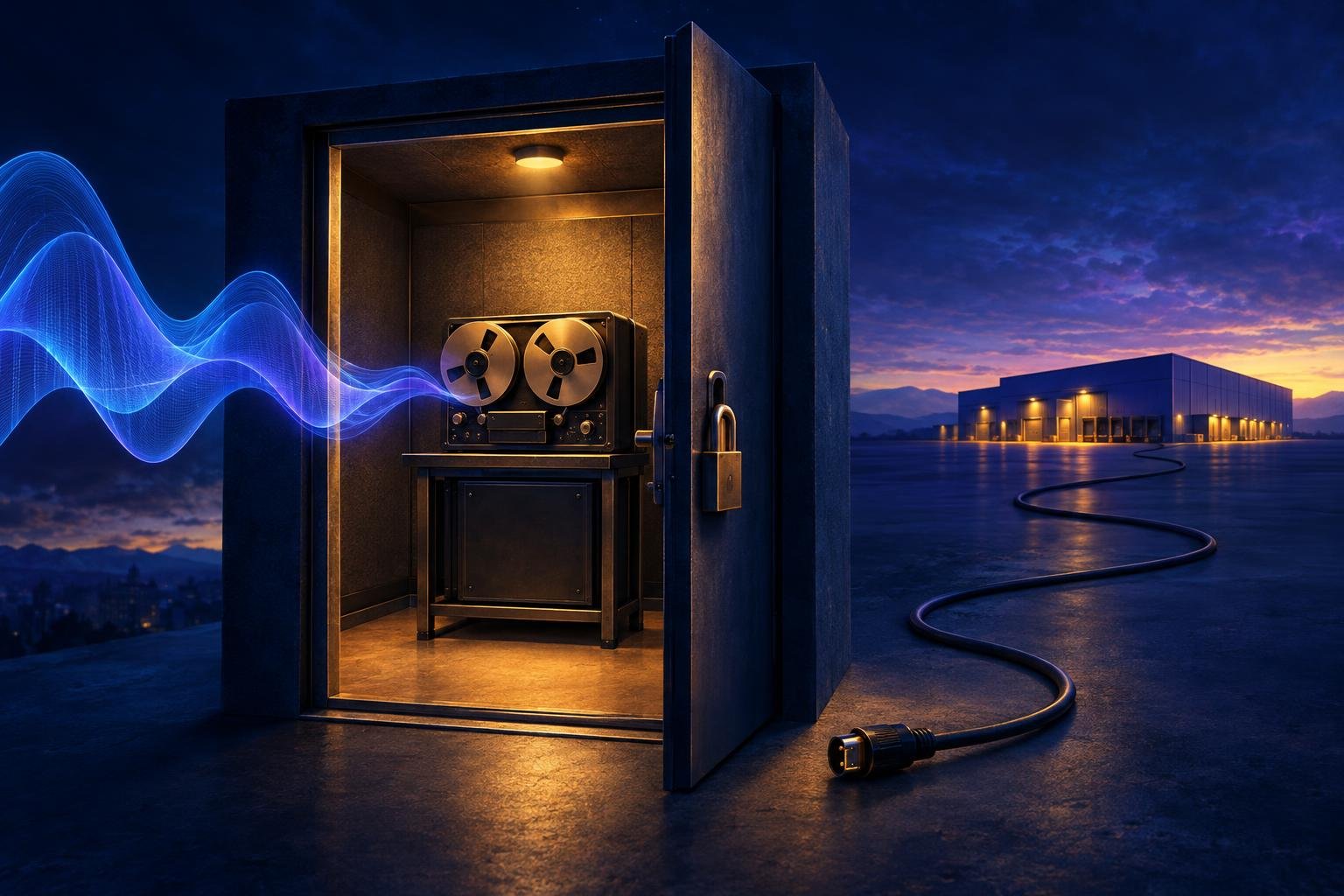 Illustration of a translucent sound wave entering a locked room with a recording machine while a cable to a distant warehouse lies unplugged.