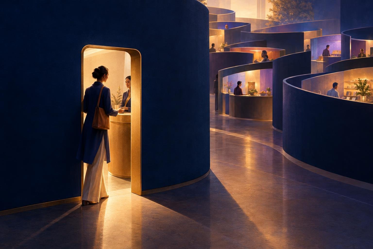 Illustration of a person passing a request through a doorway while multiple service counters remain partly hidden beyond it.
