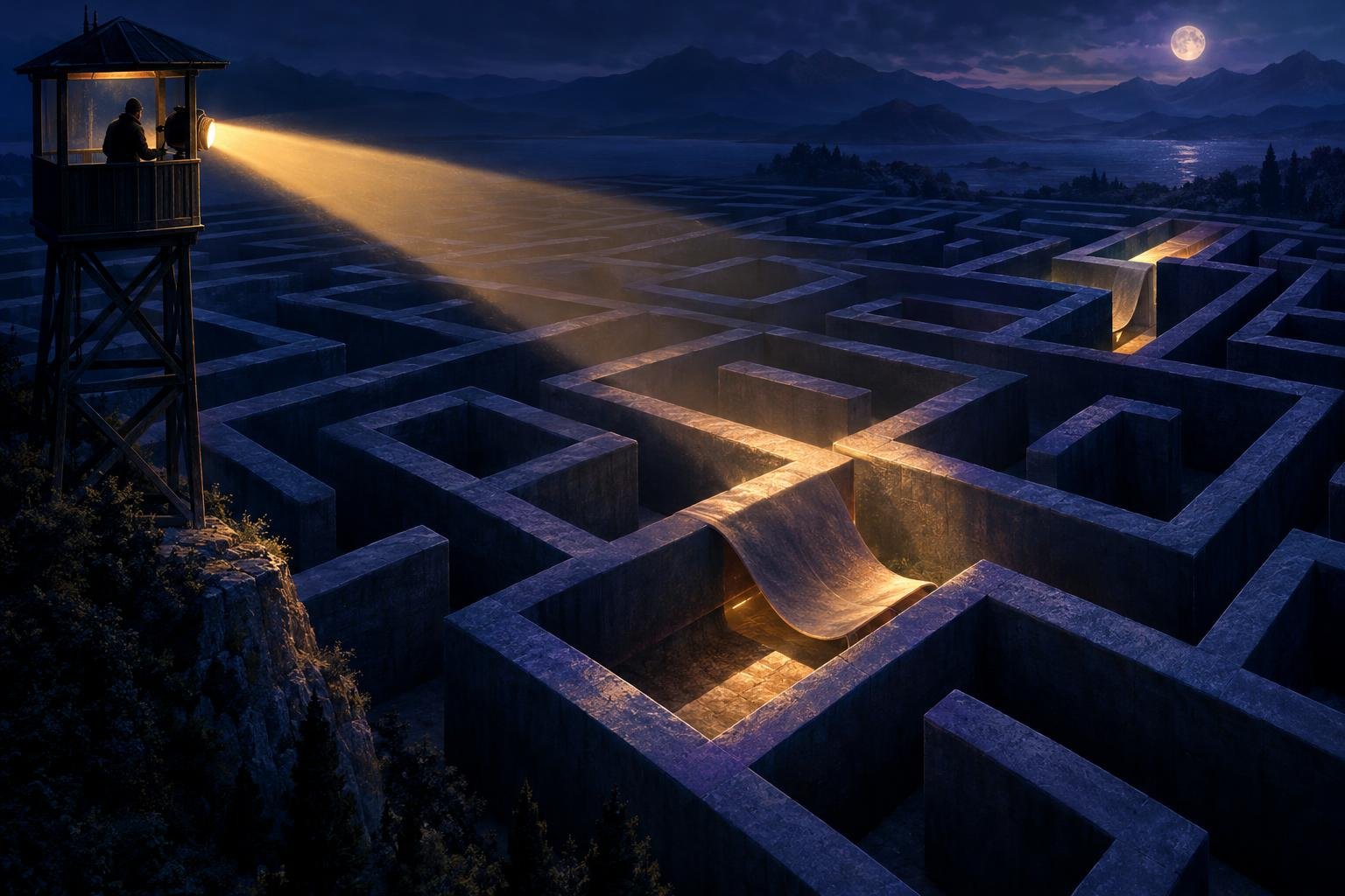 Illustration of a watchtower scanning a maze while one pathway folds underground beyond the beam.